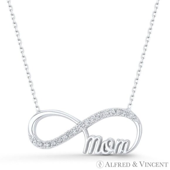 Infinity Charm CZ Crystal Pave & Cursive "Mom" Pendant in .925 Sterling Silver - Picture 1 of 1